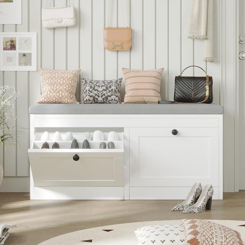 Beyaz Endüstriyel Ahşap Minderli Düşer Kapaklı Ayakkabılık Bench - 106x32x53 cm - 120583