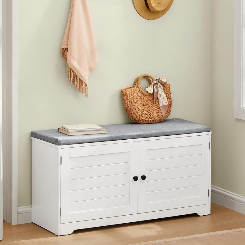 Beyaz Endüstriyel Ahşap Minderli Kapaklı Ayakkabılık Bench - 101x36x53 cm - 120631