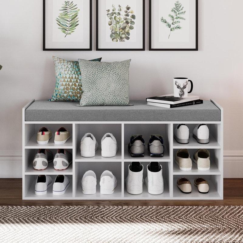 Beyaz Endüstriyel Ahşap Minderli Raflı Ayakkabılık Bench - 104x48 cm - 120595