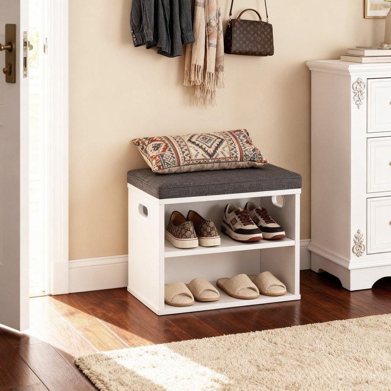 Beyaz Endüstriyel Ahşap Minderli ve Ayarlanabilir Bölmeli Ayakkabılık Bench - 39x41 cm - 120652