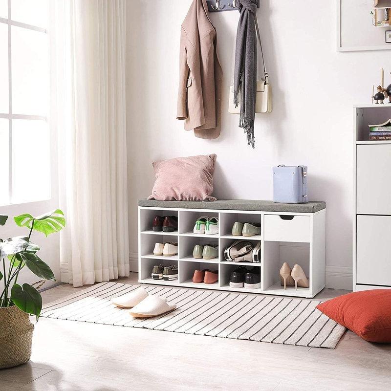 Beyaz Endüstriyel Ahşap Minderli ve Çekmeceli Ayakkabılık Bench - 104x30x48 cm - 120580