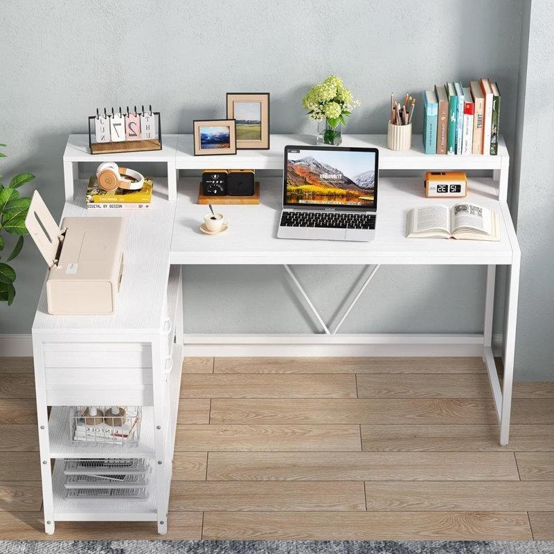 Beyaz Endüstriyel Ahşap Monitor Standlı Raflı L Şekilli Bilgisayar Masası-141x112x90 cm - 116547