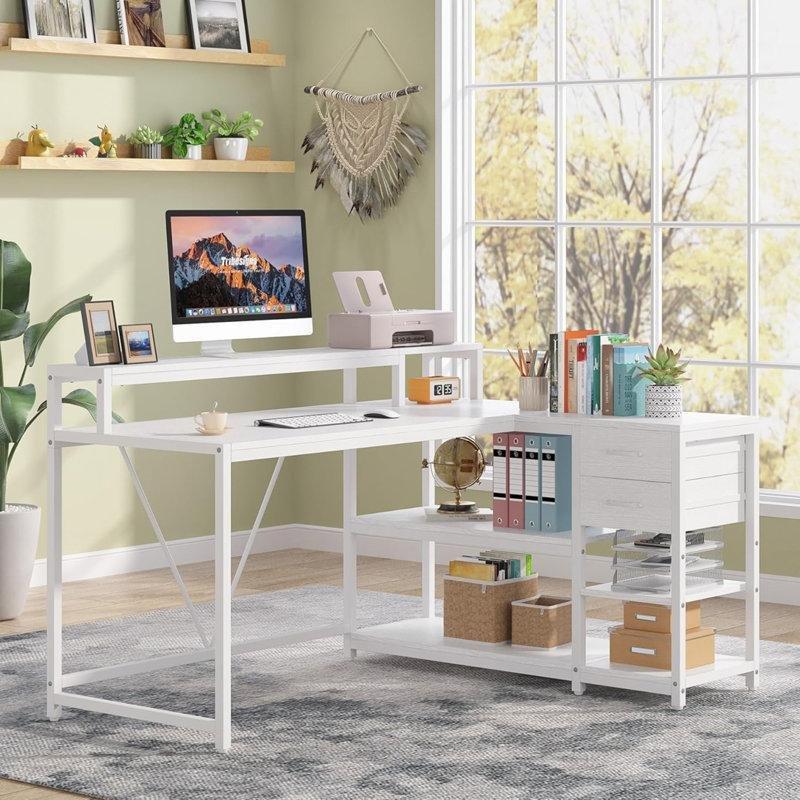 Beyaz Endüstriyel Ahşap Monitor Standlı Raflı L Şekilli Bilgisayar Masası-141x112x90 cm - 116547