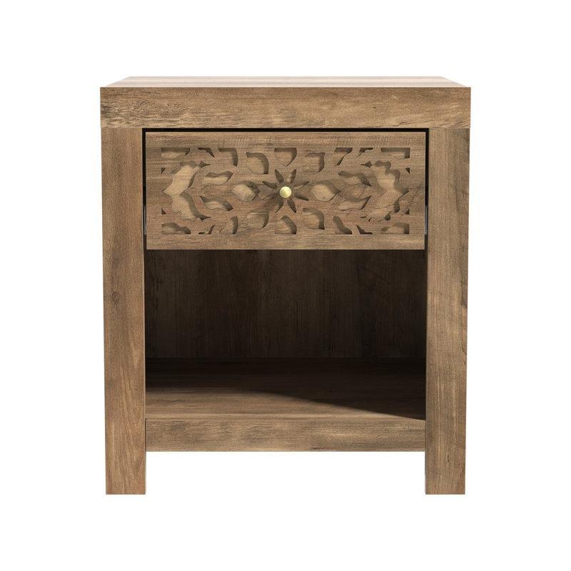 Beyaz Endüstriyel Ahşap Oymalı Çekmeceli ve Raflı Komodin - 46x52 cm - 127559