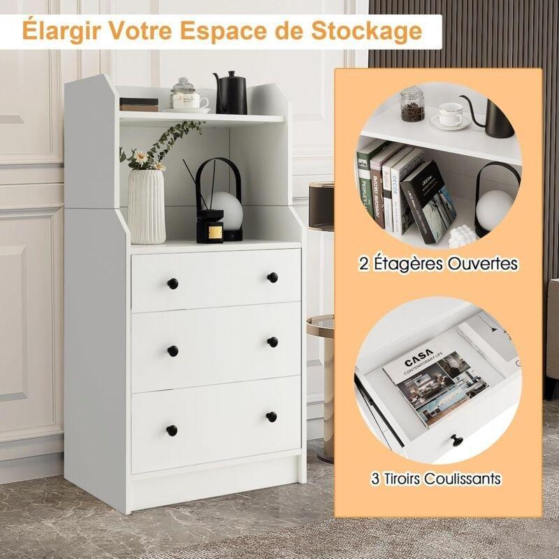 Beyaz Endüstriyel Ahşap Raflı Üç Çekmeceli Yüksek Komodin - 58x36x111 cm - 127653