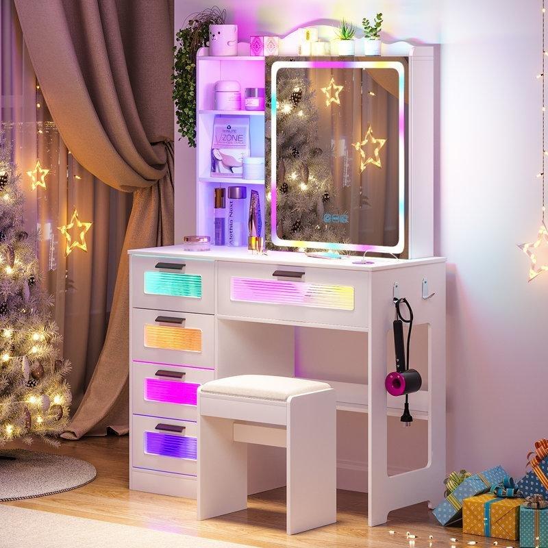 Beyaz Endüstriyel Ahşap RGB Ledli Sürgülü Aynalı ve Şarj İstasyonlu Makyaj Masası - 95x41x136 cm - 121765