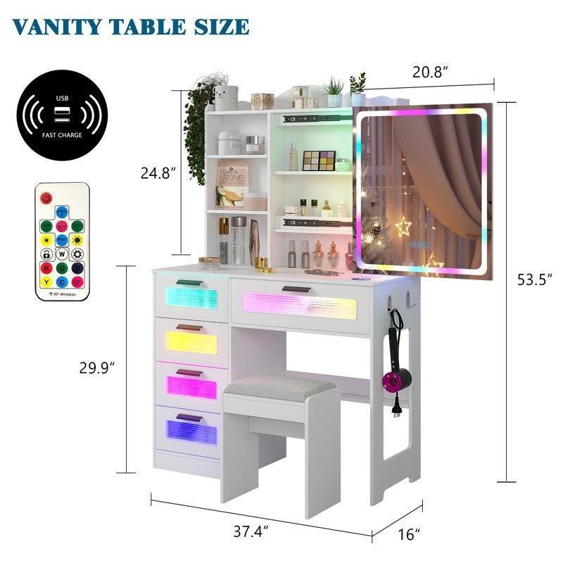 Beyaz Endüstriyel Ahşap RGB Ledli Sürgülü Aynalı ve Şarj İstasyonlu Makyaj Masası - 95x41x136 cm - 121765