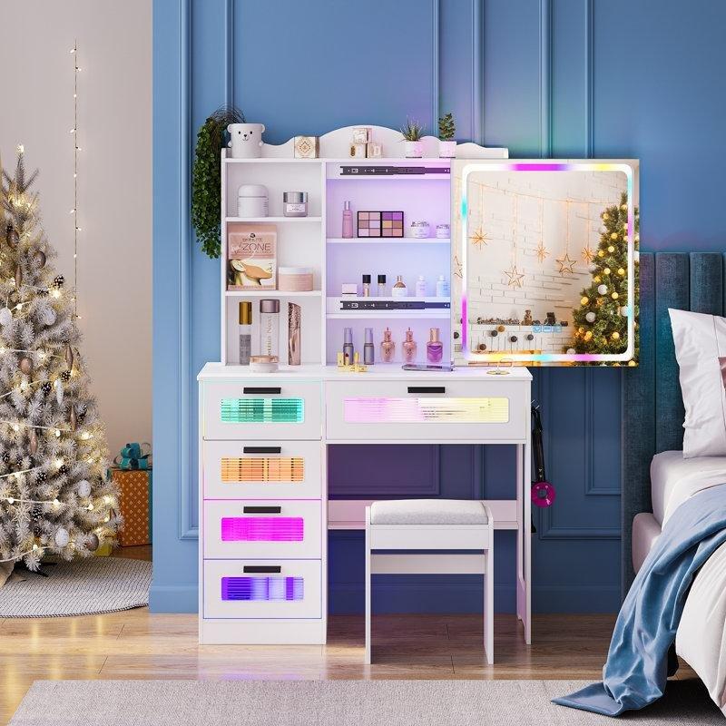 Beyaz Endüstriyel Ahşap RGB Ledli Sürgülü Aynalı ve Şarj İstasyonlu Makyaj Masası - 95x41x136 cm - 121765