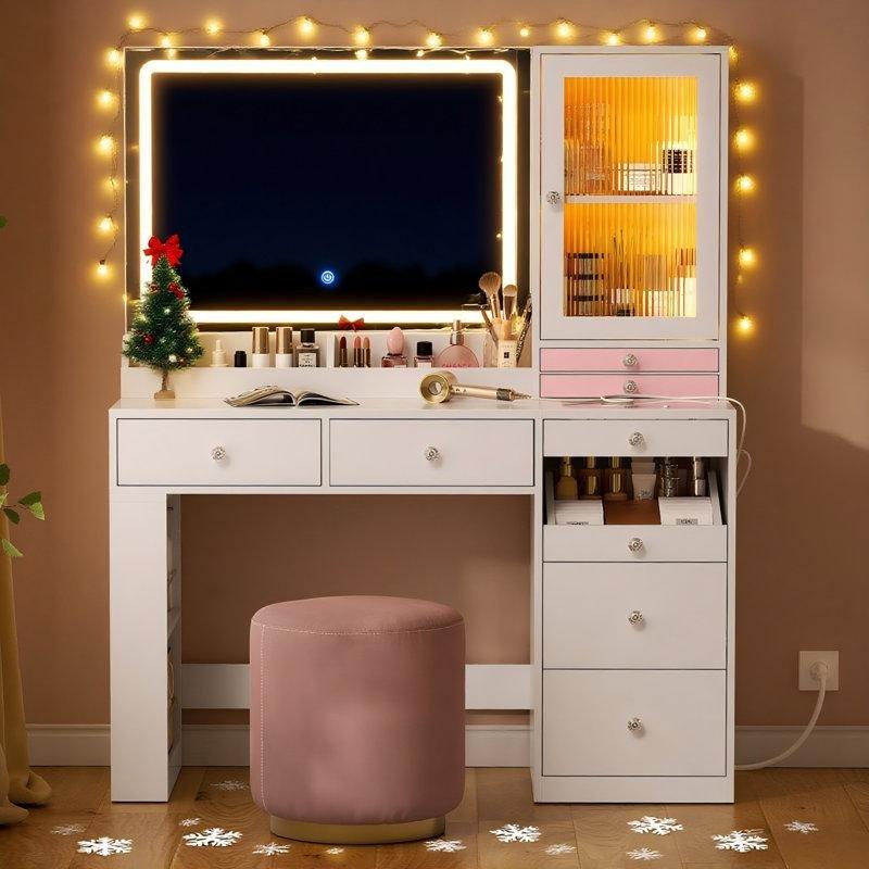 Beyaz Endüstriyel Ahşap RGB Ledli ve Şarj İstasyonlu Makyaj Masası - 110 cm - 121744