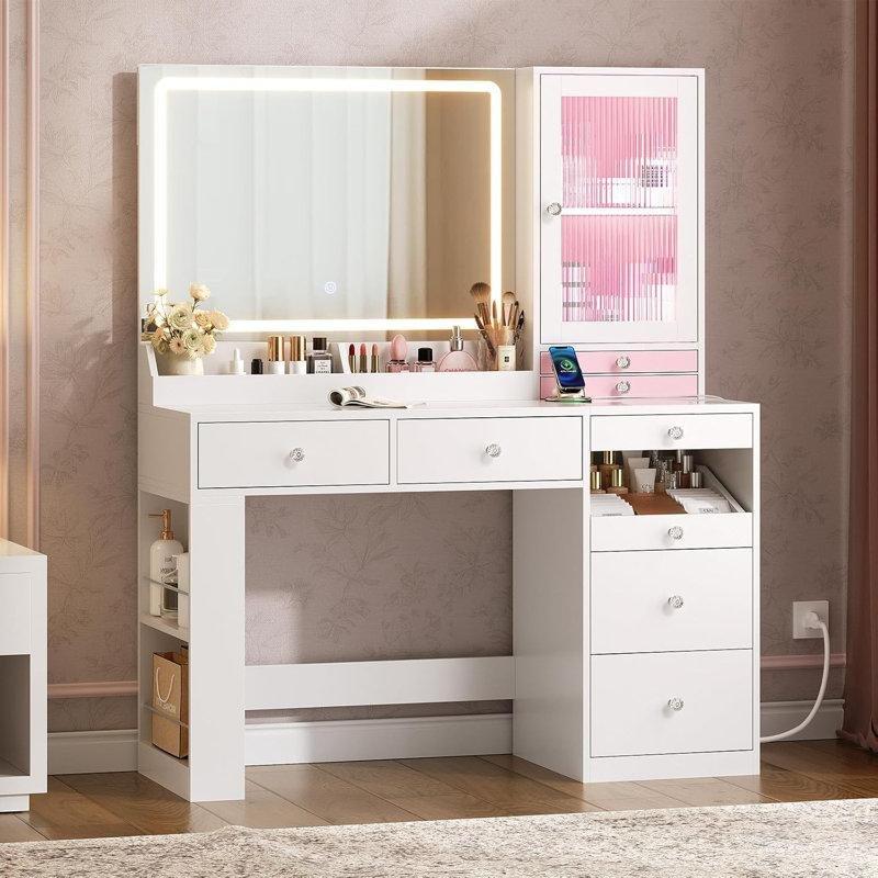 Beyaz Endüstriyel Ahşap RGB Ledli ve Şarj İstasyonlu Makyaj Masası - 110 cm - 121744