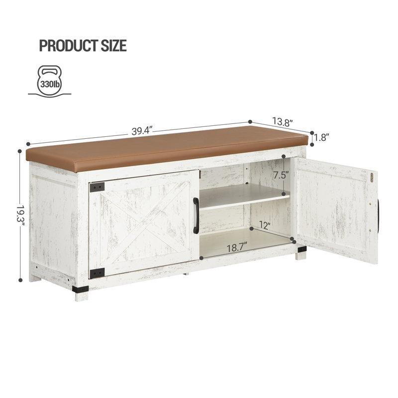 Beyaz Endüstriyel Ahşap Sürgülü Kapaklı Minderli Ayakkabılık Bench - 113 x 35 x 49 cm - 120748