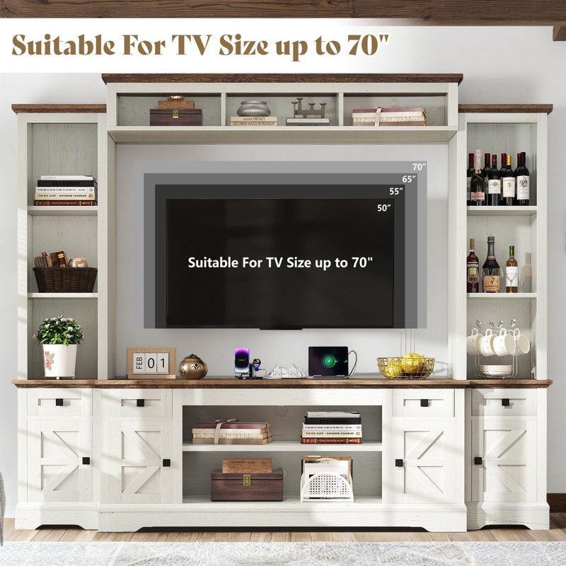 Beyaz Endüstriyel Ahşap Sürgülü Kapaklı ve Priz Girişli TV Ünitesi Entegreli Kitaplık - 249x198 cm - 141418