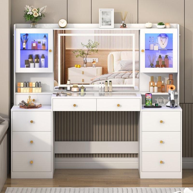 Beyaz Endüstriyel Ahşap Temperli Cam Tablalı RGB Işıklı ve Prizli Makyaj Masası - 158 cm - 121687