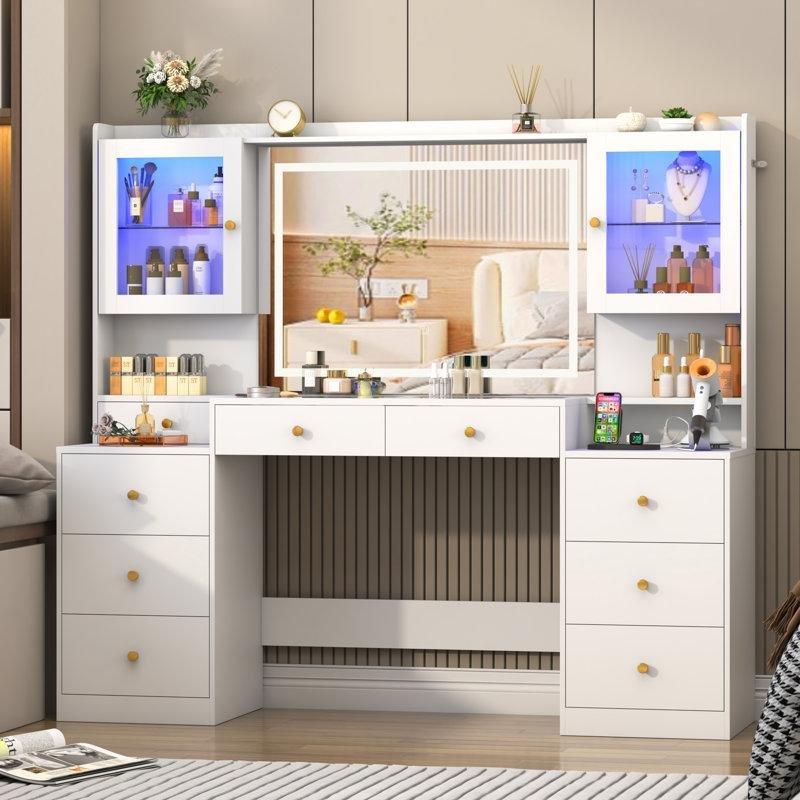 Beyaz Endüstriyel Ahşap Temperli Cam Tablalı RGB Işıklı ve Prizli Makyaj Masası - 158 cm - 121687