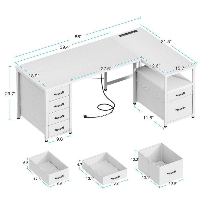 Beyaz Endüstriyel Ahşap USB Girişli L Şekilli Bilgisayar Masası-76x140x80 cm - 116754