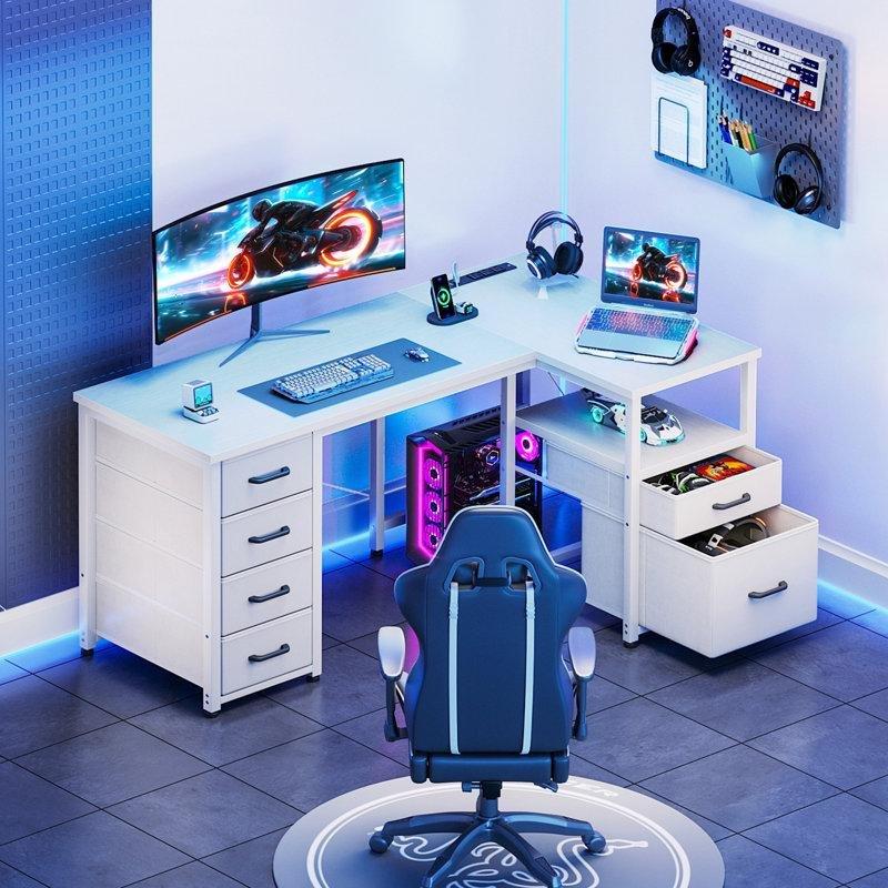 Beyaz Endüstriyel Ahşap USB Girişli L Şekilli Bilgisayar Masası-76x140x80 cm - 116754