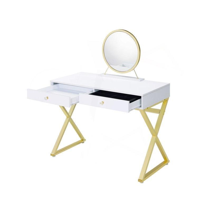 Beyaz Gold Ahşap ve Metal İki Çekmeceli Aynalı Makyaj Masası - 107x51x79 cm - 121264