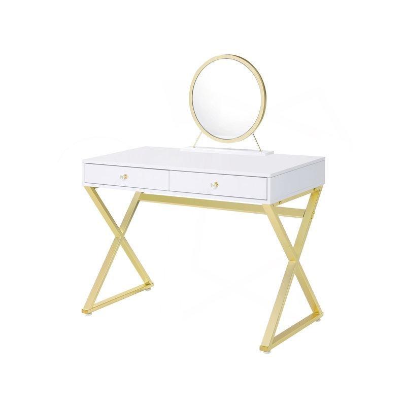 Beyaz Gold Ahşap ve Metal İki Çekmeceli Aynalı Makyaj Masası - 107x51x79 cm - 121264