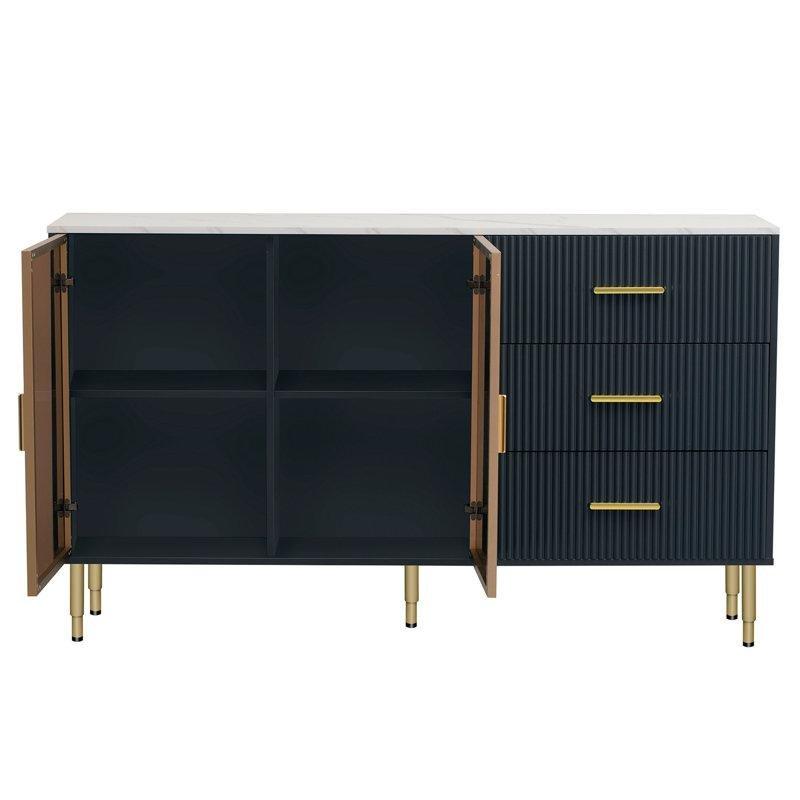 Beyaz Gold Detaylı Amber Cam Kapaklı 3 Çekmeceli Üstü Mermer Konsol - 153x41x92 cm - 129133