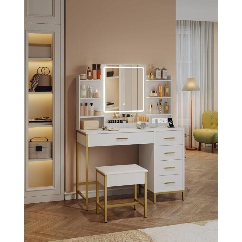 Beyaz Gold Detaylı Ayarlanabilir LED Işıklı ve Priz Çıkışlı Modern Makyaj Masası - 108x40x140 cm - 122003