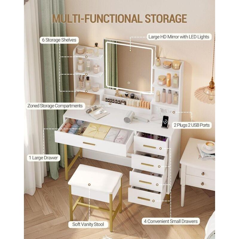 Beyaz Gold Detaylı Ayarlanabilir LED Işıklı ve Priz Çıkışlı Modern Makyaj Masası - 108x40x140 cm - 122003