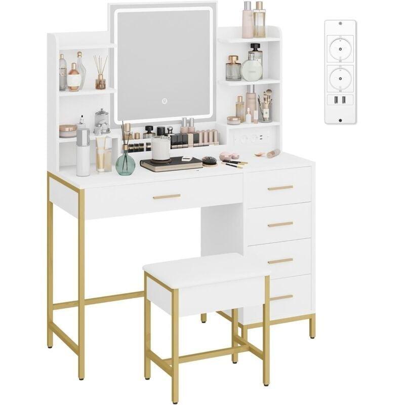Beyaz Gold Detaylı Ayarlanabilir LED Işıklı ve Priz Çıkışlı Modern Makyaj Masası - 108x40x140 cm - 122003