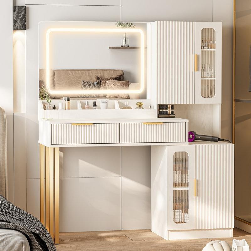 Beyaz Gold Detaylı Endüstriyel Ahşap LED Işıklı ve Şarj İstasyonlu Yivli Makyaj Masası - 115 cm - 121534