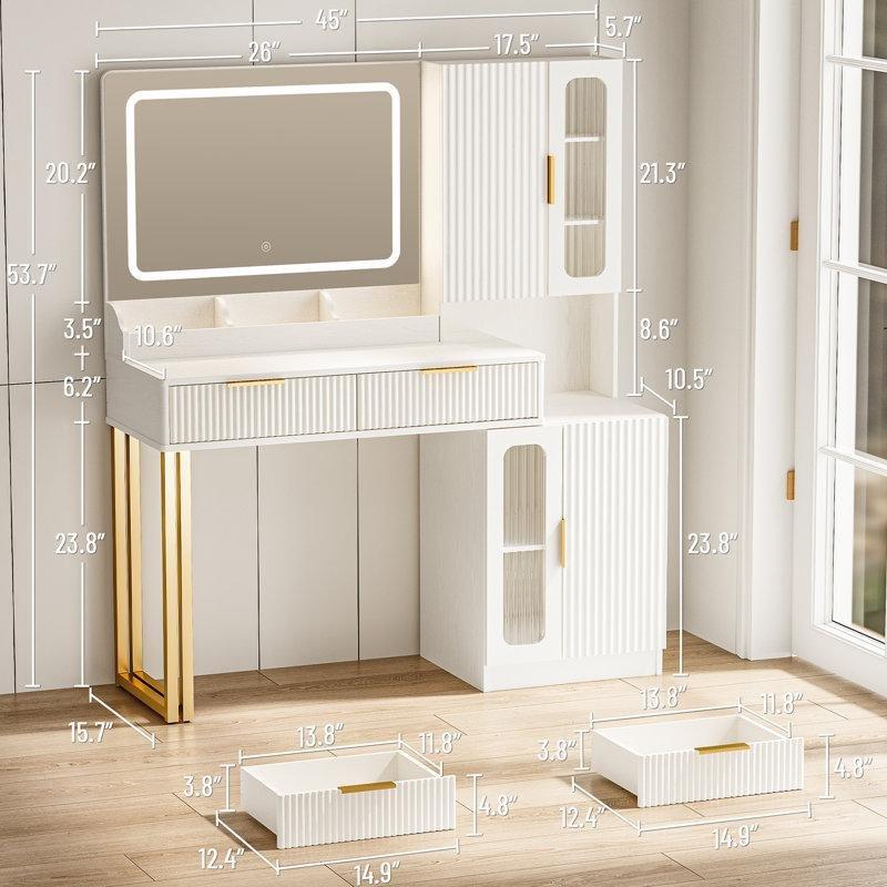 Beyaz Gold Detaylı Endüstriyel Ahşap LED Işıklı ve Şarj İstasyonlu Yivli Makyaj Masası - 115 cm - 121534