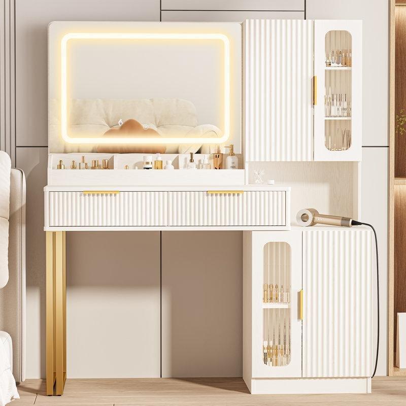 Beyaz Gold Detaylı Endüstriyel Ahşap LED Işıklı ve Şarj İstasyonlu Yivli Makyaj Masası - 115 cm - 121534