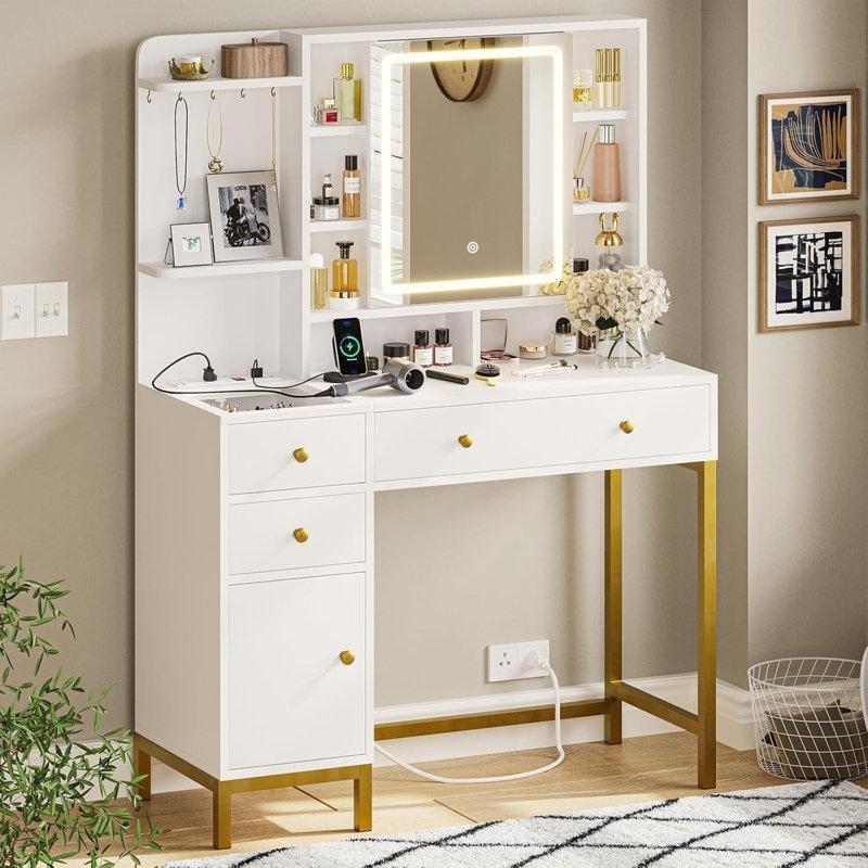 Beyaz Gold Detaylı LED Işıklı ve Şarj İstasyonlu Makyaj Masası - 99 cm - 121603
