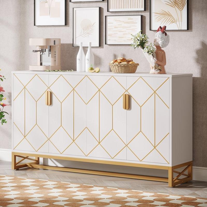 Beyaz Gold Detaylı MDF 4 Kapaklı Gold Konsol - 150x39x91 cm - 129031