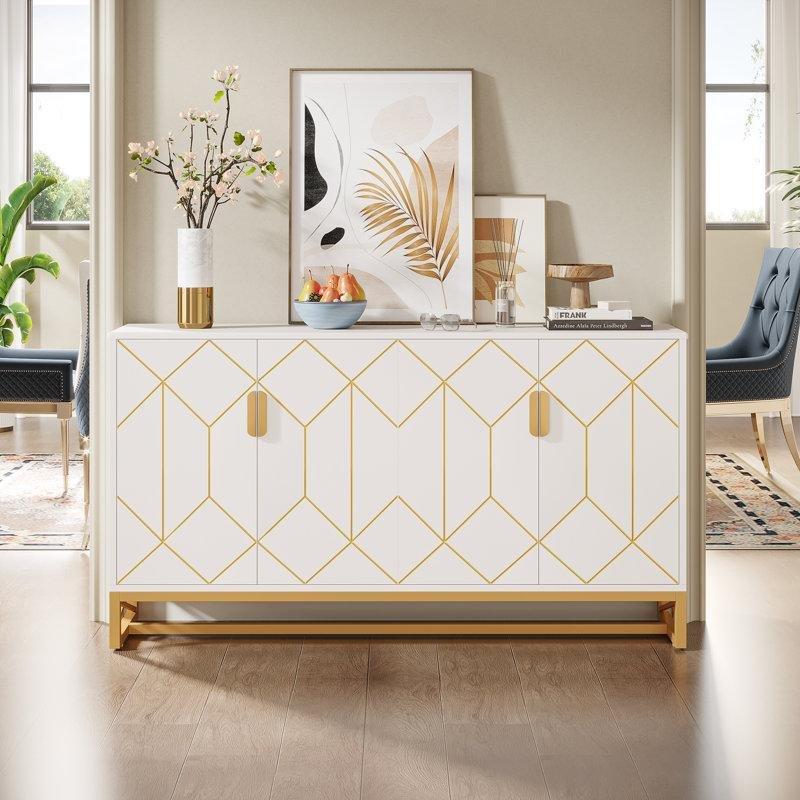 Beyaz Gold Detaylı MDF 4 Kapaklı Gold Konsol - 150x39x91 cm - 129031