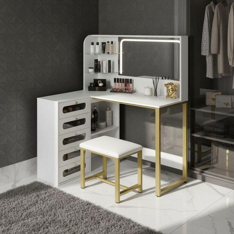 Beyaz Gold Detaylı MDF Metal 5 Şeffaf Çekmeceli LED Işıklı Aynalı Tabureli Köşe Makyaj Masası - 120x80x135 cm - 122098