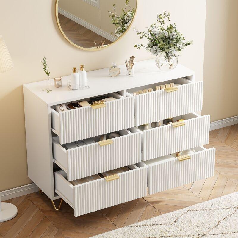 Beyaz Gold Detaylı Metal Ayaklı 6 Çekmeceli Şifonyer - 100x34x73 cm - 123315