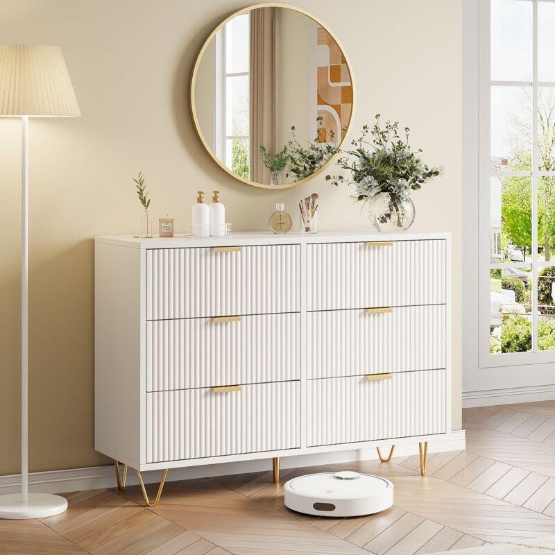 Beyaz Gold Detaylı Metal Ayaklı 6 Çekmeceli Şifonyer - 100x34x73 cm - 123315