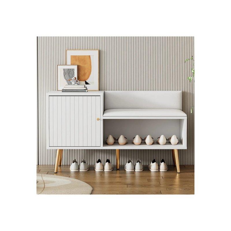 Beyaz Gold Detaylı Metal Ayaklı Deri Minderli Kapaklı Ayakkabılık - 100x38x58 cm - 118339