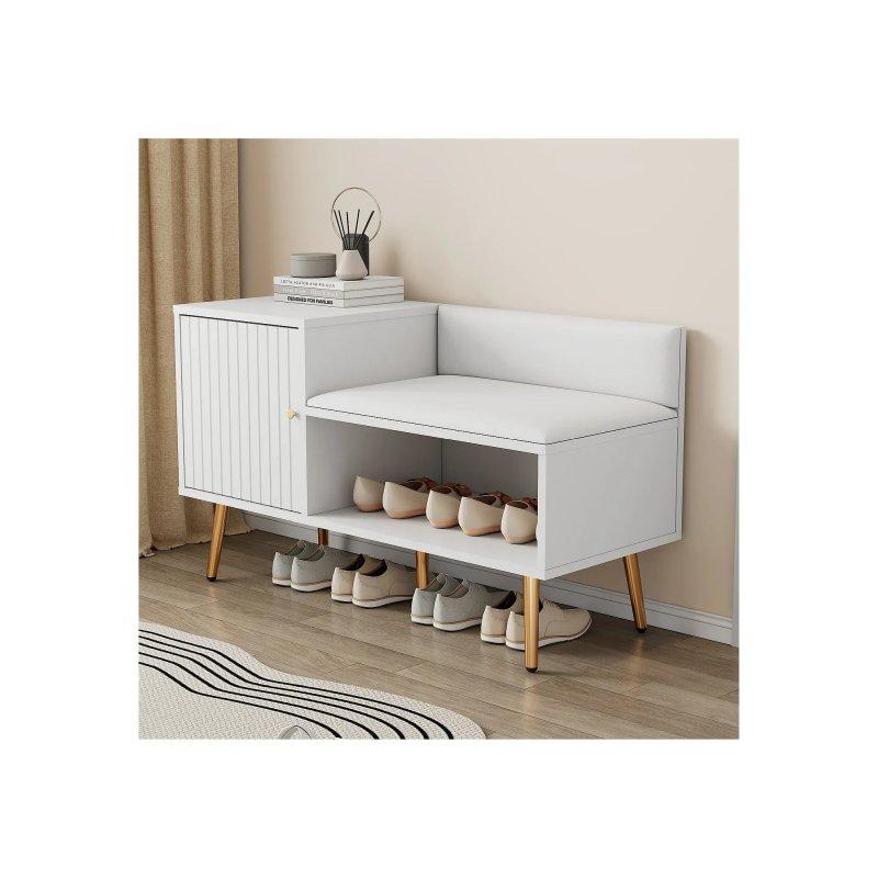 Beyaz Gold Detaylı Metal Ayaklı Deri Minderli Kapaklı Ayakkabılık - 100x38x58 cm - 118339