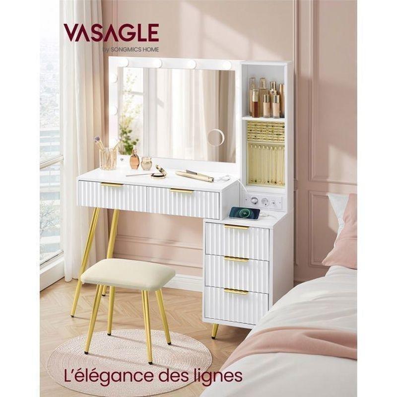 Beyaz Gold Detaylı Metal Ayaklı LED Işıklı Aynalı Prizli ve Tabureli Makyaj Masası - 110x40x135 cm - 122260