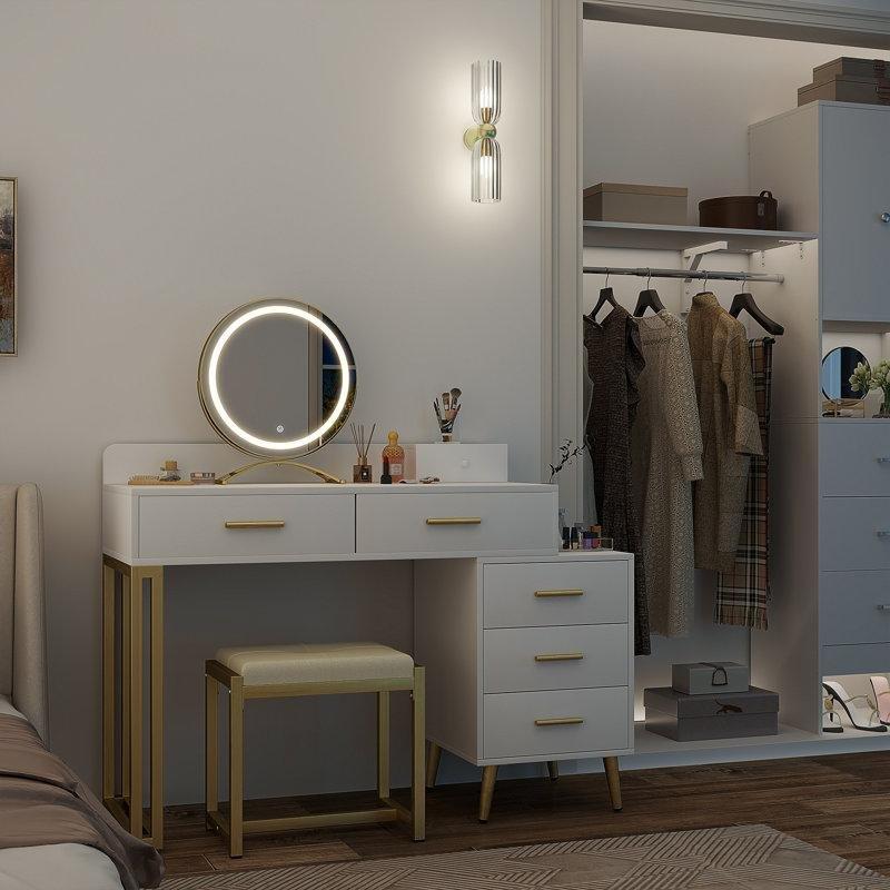 Beyaz Gold Endüstriyel Ahşap LED Aynalı 6 Çekmeceli Makyaj Masası - 113 cm - 121657