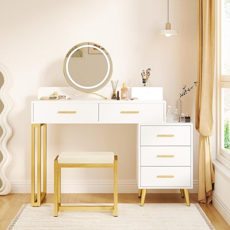 Beyaz Gold Endüstriyel Ahşap LED Aynalı 6 Çekmeceli Makyaj Masası - 113 cm - 121657