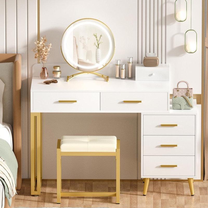 Beyaz Gold Endüstriyel Ahşap LED Aynalı 6 Çekmeceli Makyaj Masası - 113 cm - 121657