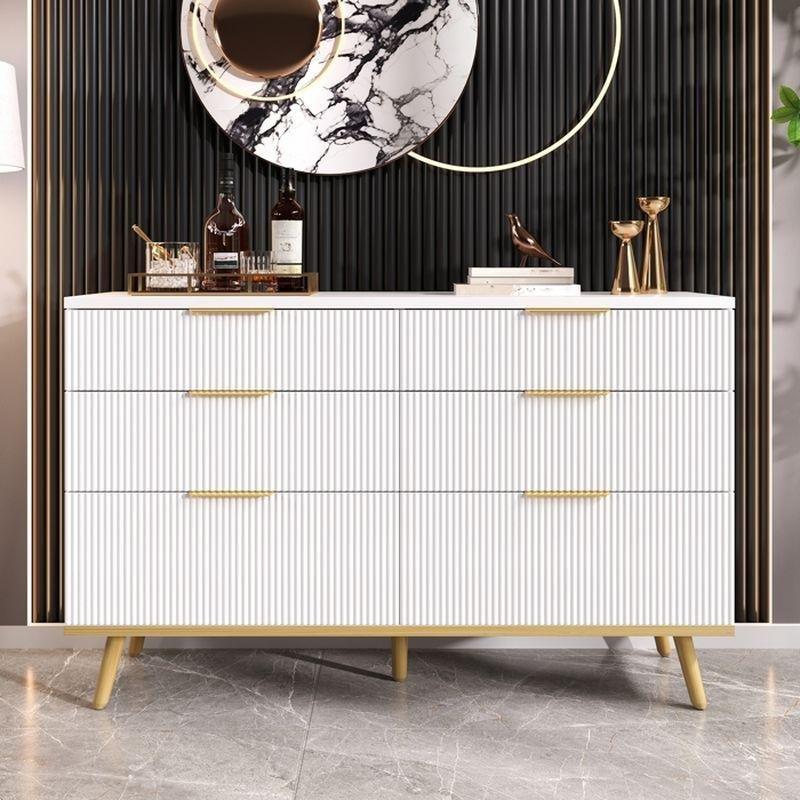 Beyaz Gold Kulp Detaylı Ahşap Ayaklı 6 Çekmeceli Şifonyer - 120x40x77 cm - 123690