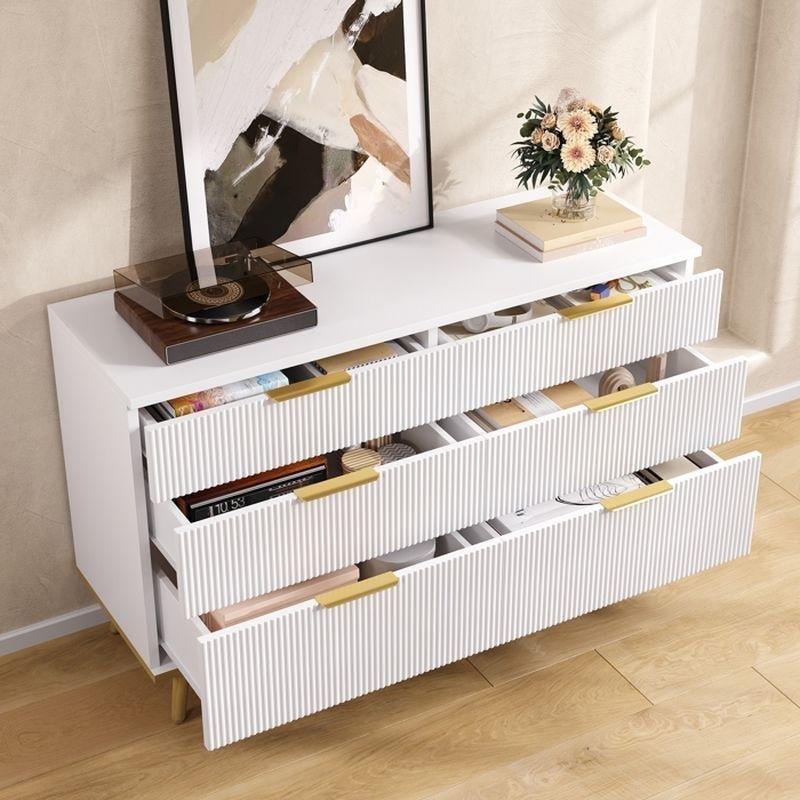 Beyaz Gold Kulp Detaylı Ahşap Ayaklı 6 Çekmeceli Şifonyer - 120x40x77 cm - 123690