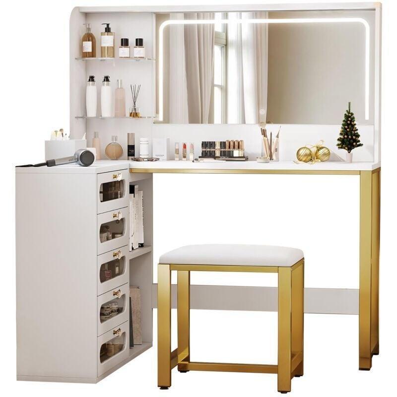 Beyaz Gold L Tipi LED Işıklı Aynalı 5 Çekmeceli Tabureli Makyaj Masası - 120x80x135 cm - 122039