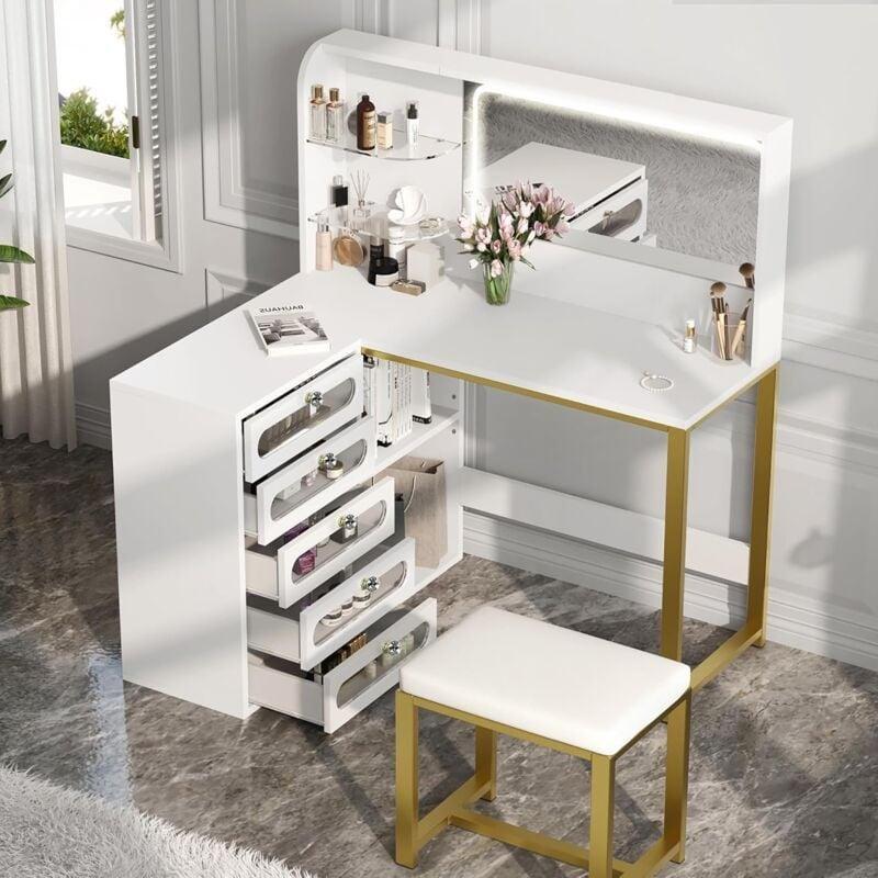 Beyaz Gold MDF LED Işıklı Aynalı 5 Çekmeceli Makyaj Masası - 120x80x135 cm - 121957