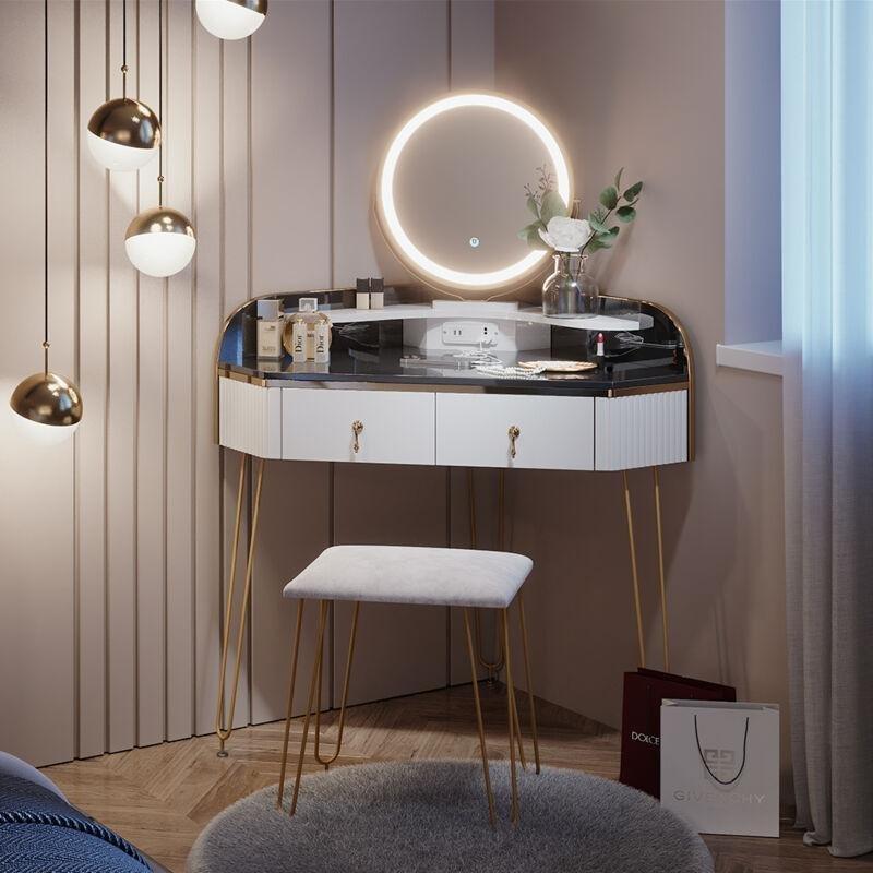 Beyaz Gold MDF ve Metal LED Aynalı Tabureli Köşe Makyaj Masası - 99x70 cm - 121939
