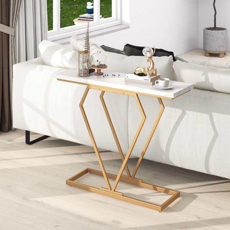 Beyaz Gold Mermer Desenli Geometrik Metal Ayaklı Dresuar - 100x30 cm - 133622