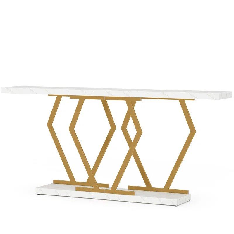 Beyaz Gold Mermer Desenli Metal Ayaklı Geometrik Tasarımlı Gold Dresuar - 180x30x80 cm - 131928