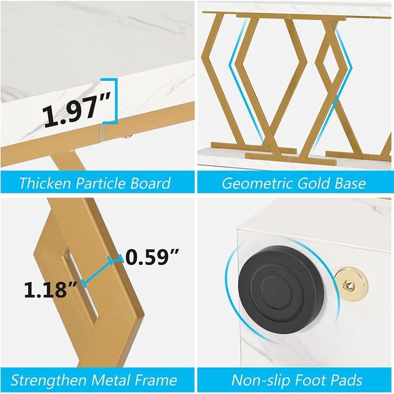 Beyaz Gold Mermer Desenli Metal Ayaklı Geometrik Tasarımlı Gold Dresuar - 180x30x80 cm - 131928