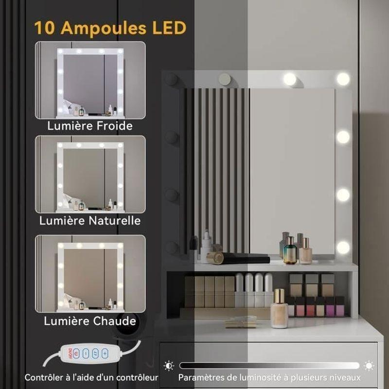 Beyaz Gold Metal Ayaklı 10 LED Işıklı Saç Kurutma Makinesi Askılı Makyaj Masası - 122161